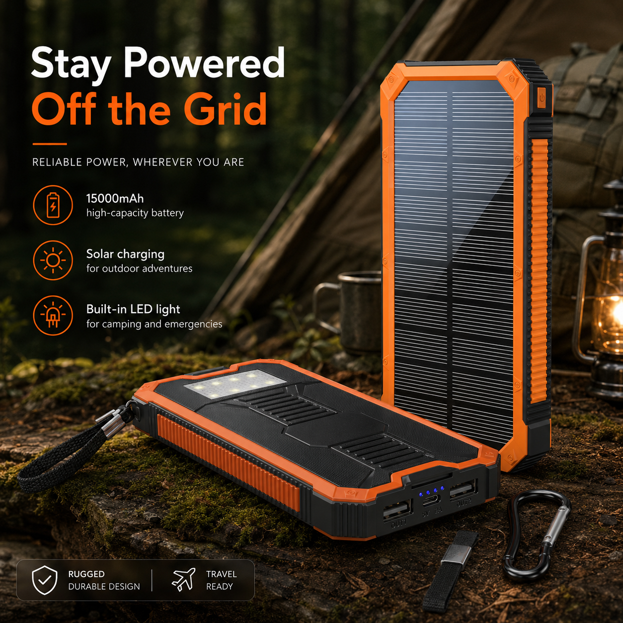 Adventure-Ready Solar Power Bank for Phones, Tablets & Outdoor Gear