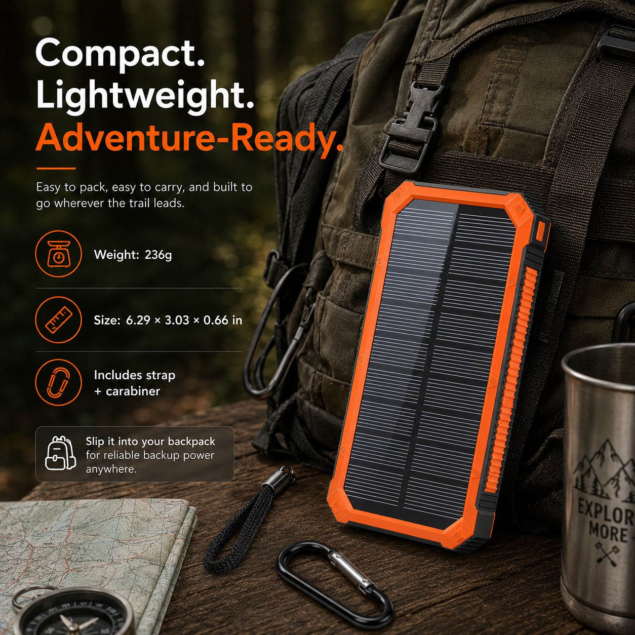 Adventure-Ready Solar Power Bank for Phones, Tablets & Outdoor Gear