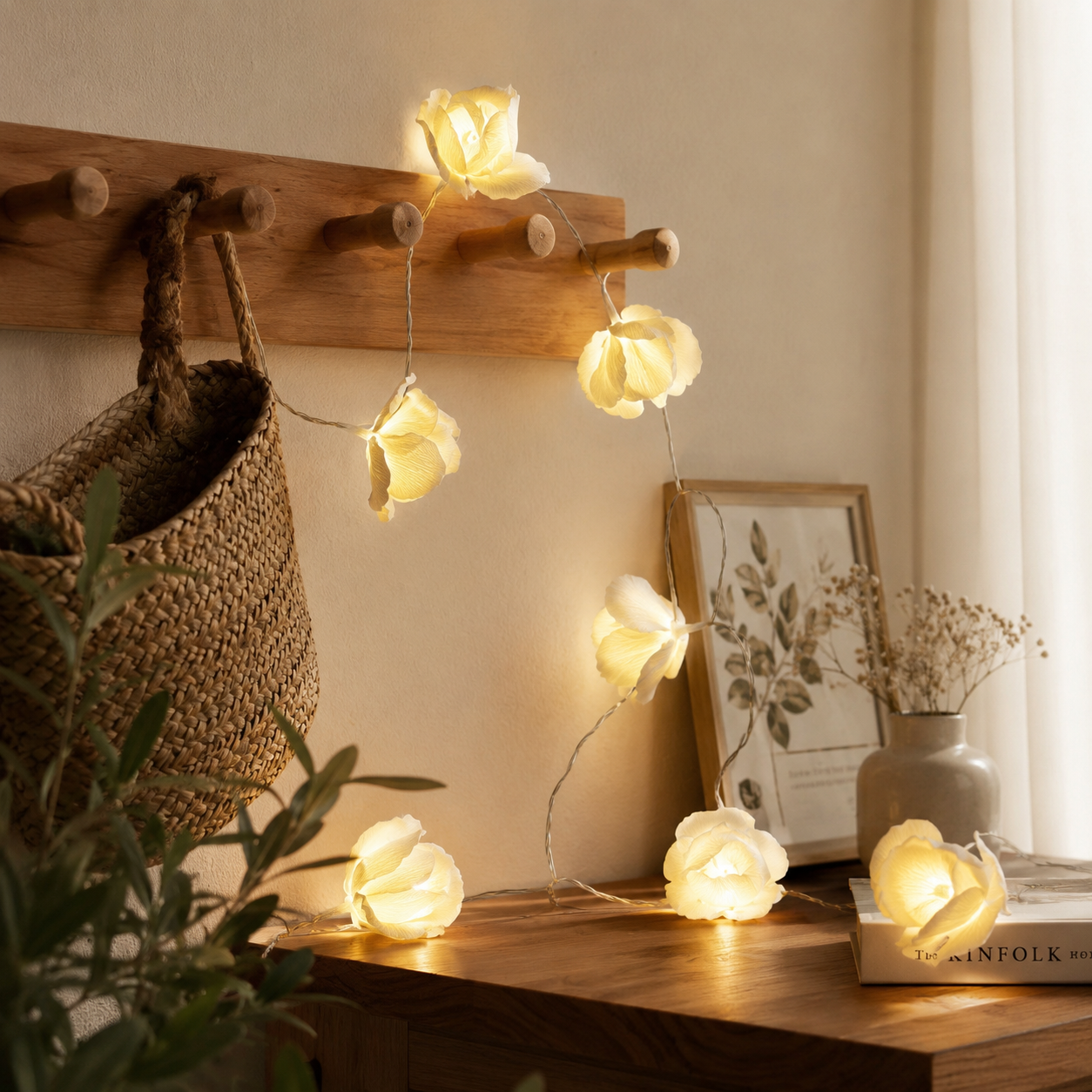 Ivory Rose Glow String Lights – 9.84 FT 20 LED Floral Garland with Battery & USB Dual Power