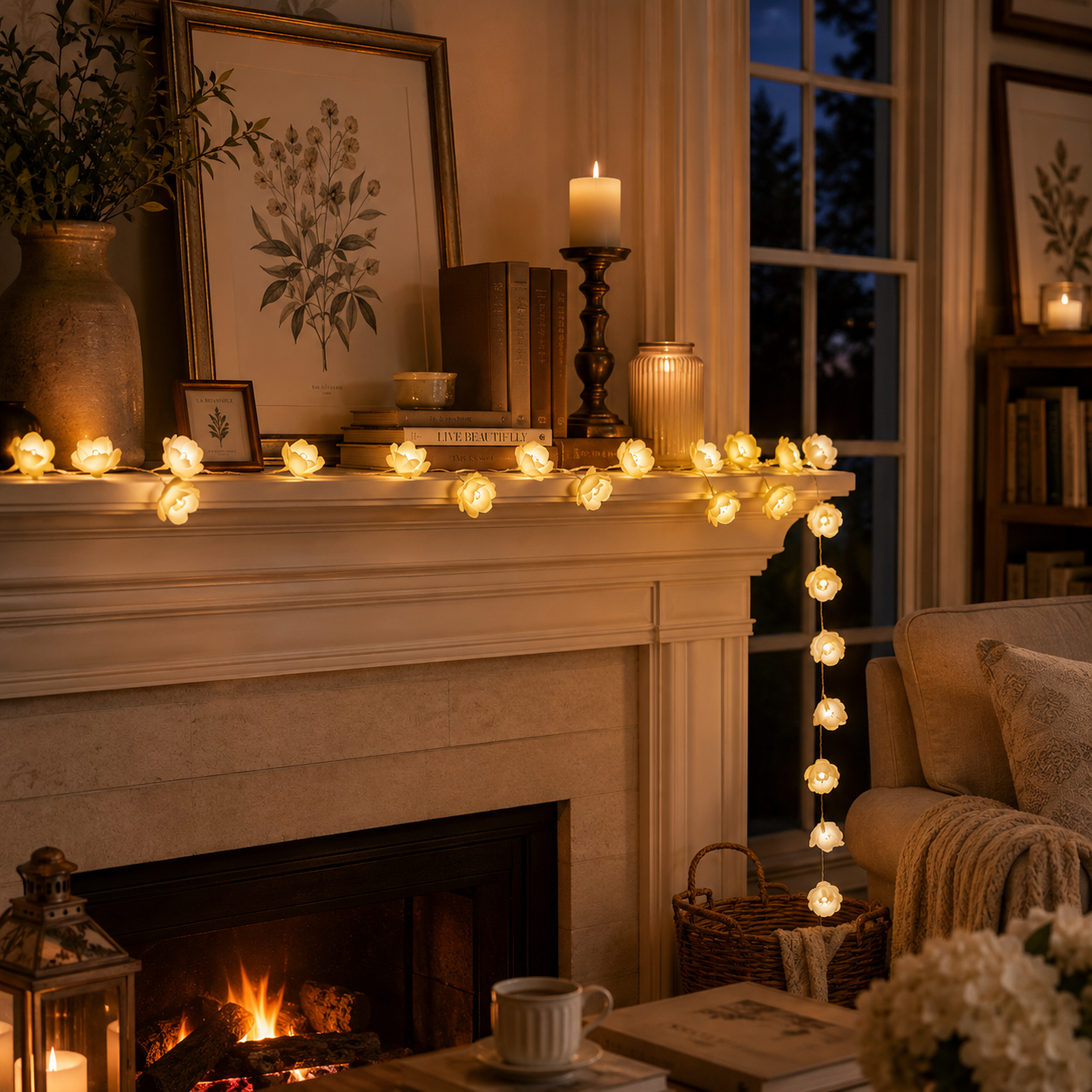 Ivory Rose Glow String Lights – 9.84 FT 20 LED Floral Garland with Battery & USB Dual Power