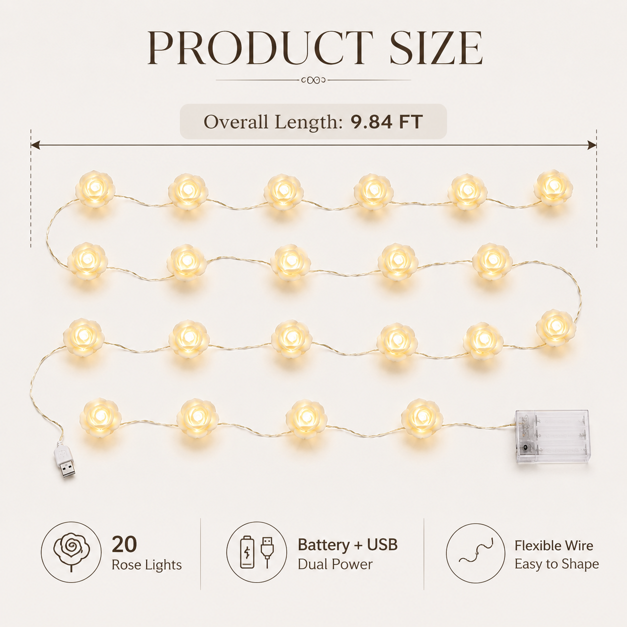 Ivory Rose Glow String Lights – 9.84 FT 20 LED Floral Garland with Battery & USB Dual Power