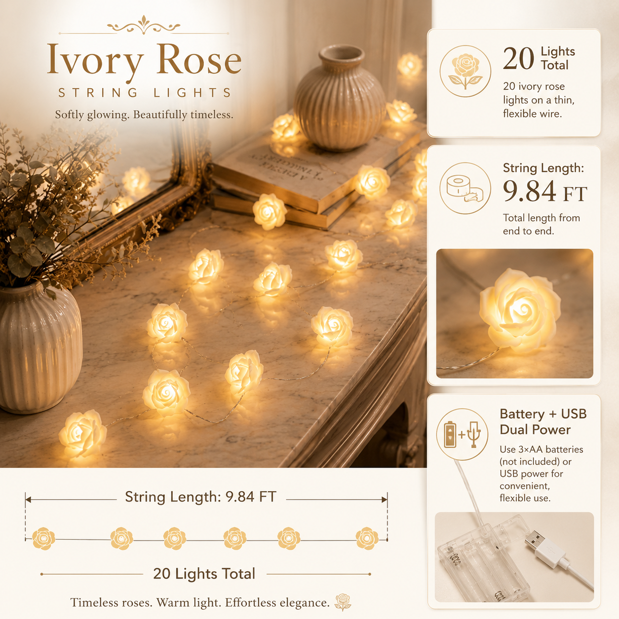 Ivory Rose Glow String Lights – 9.84 FT 20 LED Floral Garland with Battery & USB Dual Power