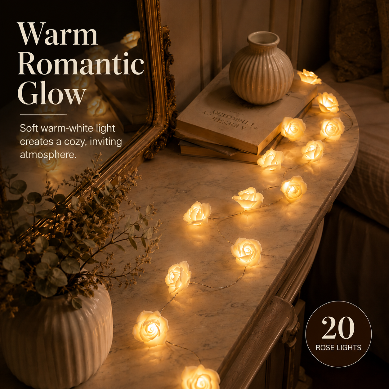 Ivory Rose Glow String Lights – 9.84 FT 20 LED Floral Garland with Battery & USB Dual Power