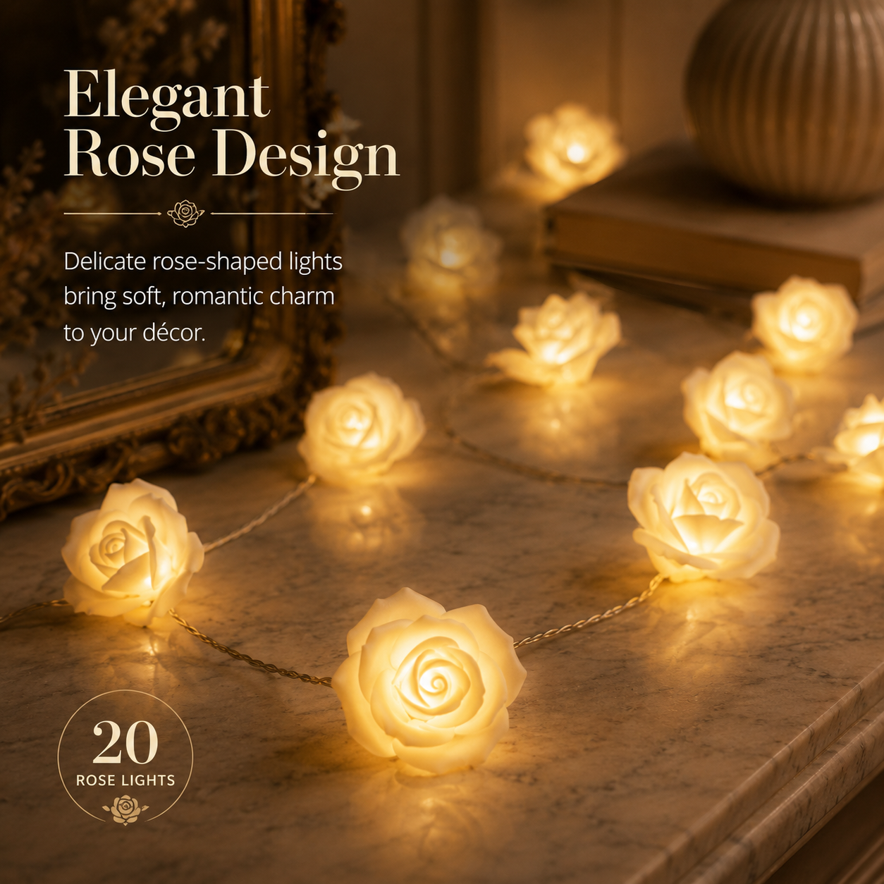 Ivory Rose Glow String Lights – 9.84 FT 20 LED Floral Garland with Battery & USB Dual Power