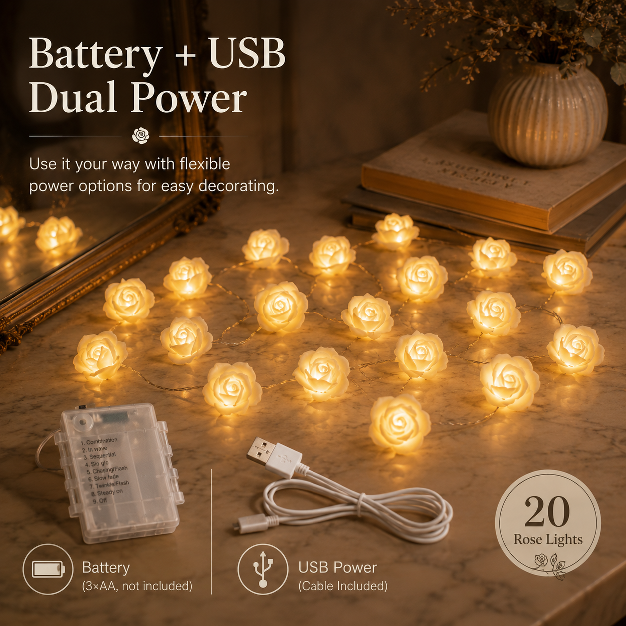 Ivory Rose Glow String Lights – 9.84 FT 20 LED Floral Garland with Battery & USB Dual Power