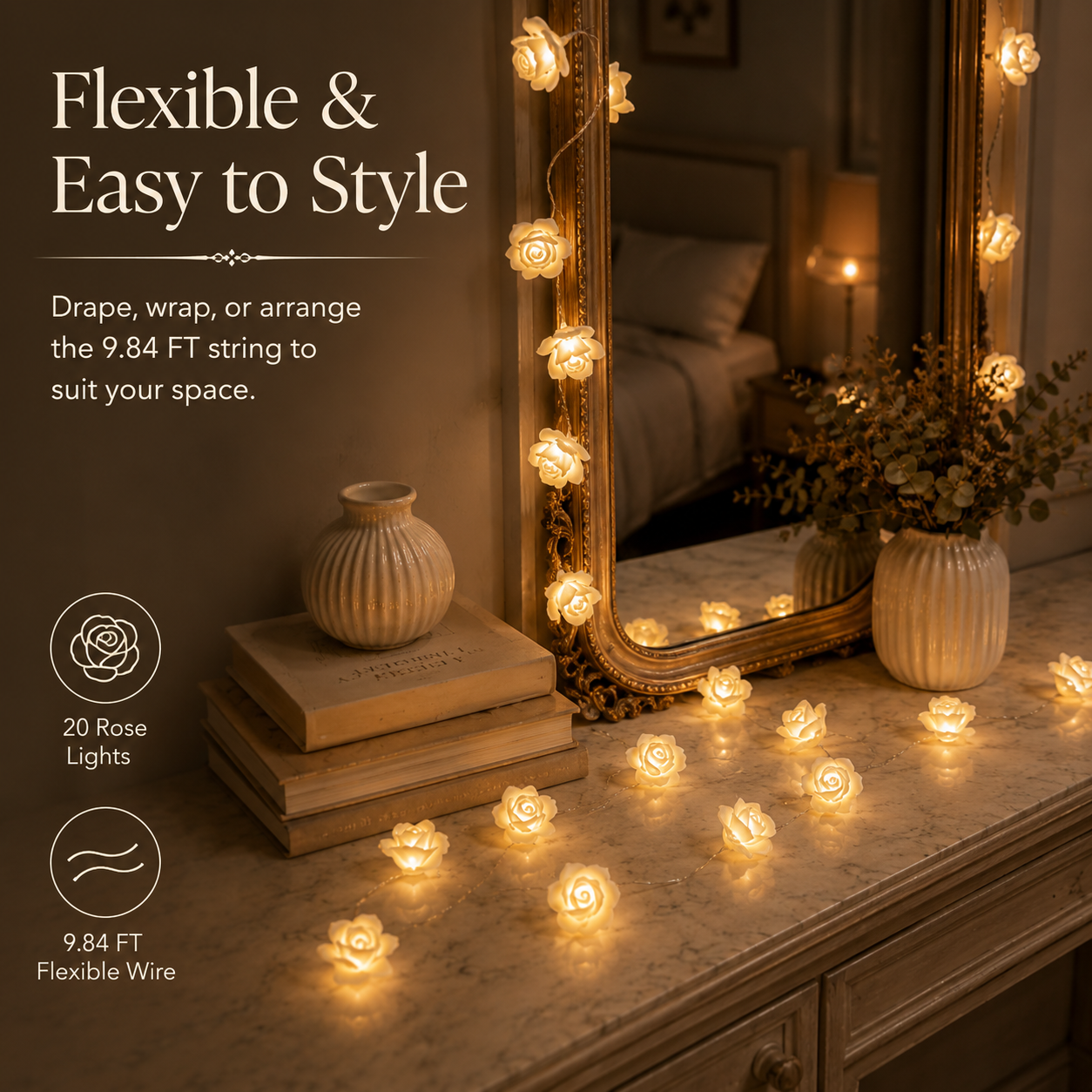 Ivory Rose Glow String Lights – 9.84 FT 20 LED Floral Garland with Battery & USB Dual Power