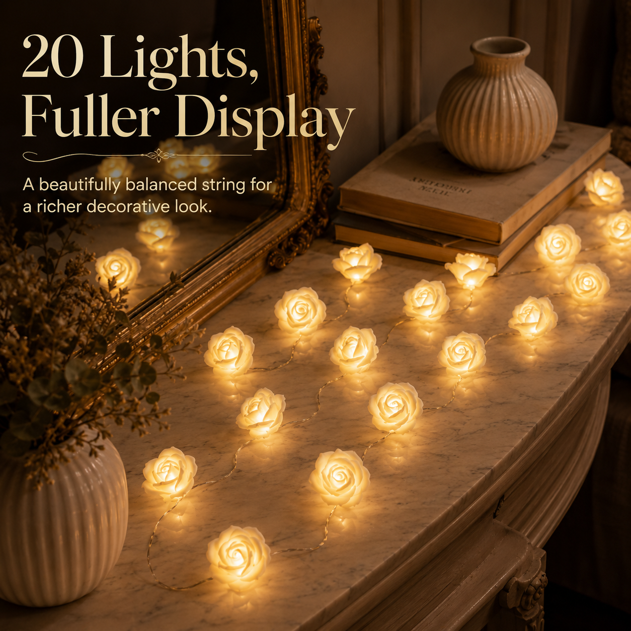 Ivory Rose Glow String Lights – 9.84 FT 20 LED Floral Garland with Battery & USB Dual Power