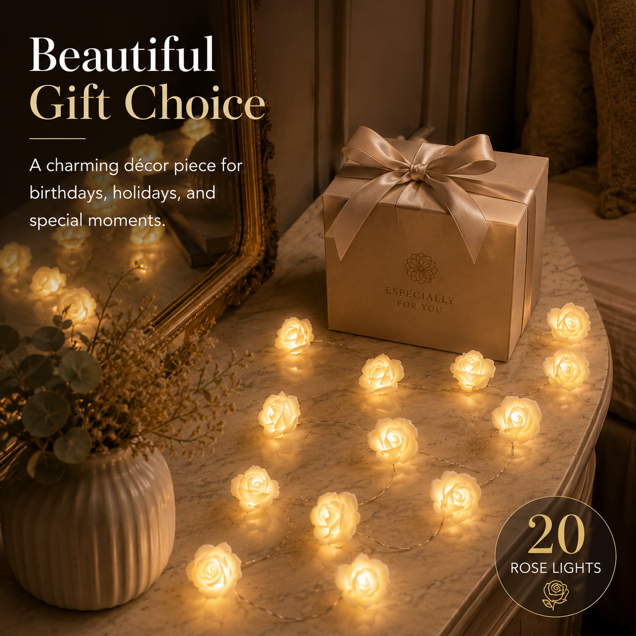 Ivory Rose Glow String Lights – 9.84 FT 20 LED Floral Garland with Battery & USB Dual Power