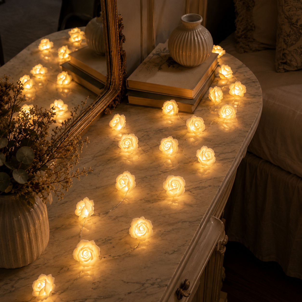 Ivory Rose Glow String Lights – 9.84 FT 20 LED Floral Garland with Battery & USB Dual Power