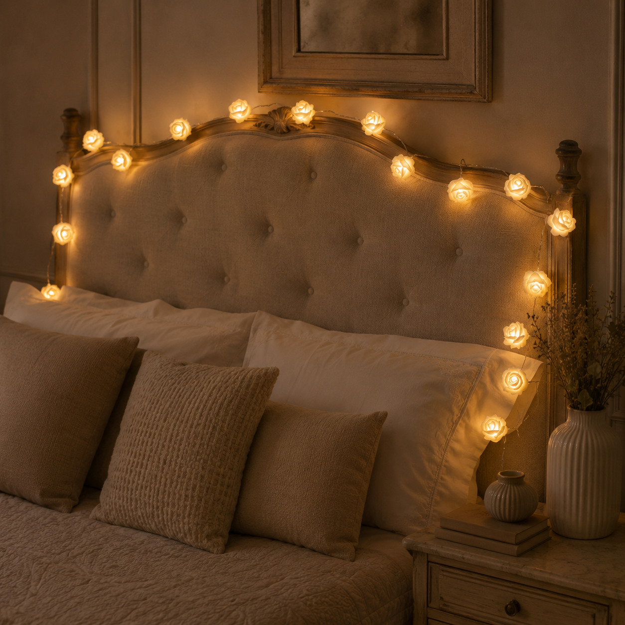 Ivory Rose Glow String Lights – 9.84 FT 20 LED Floral Garland with Battery & USB Dual Power