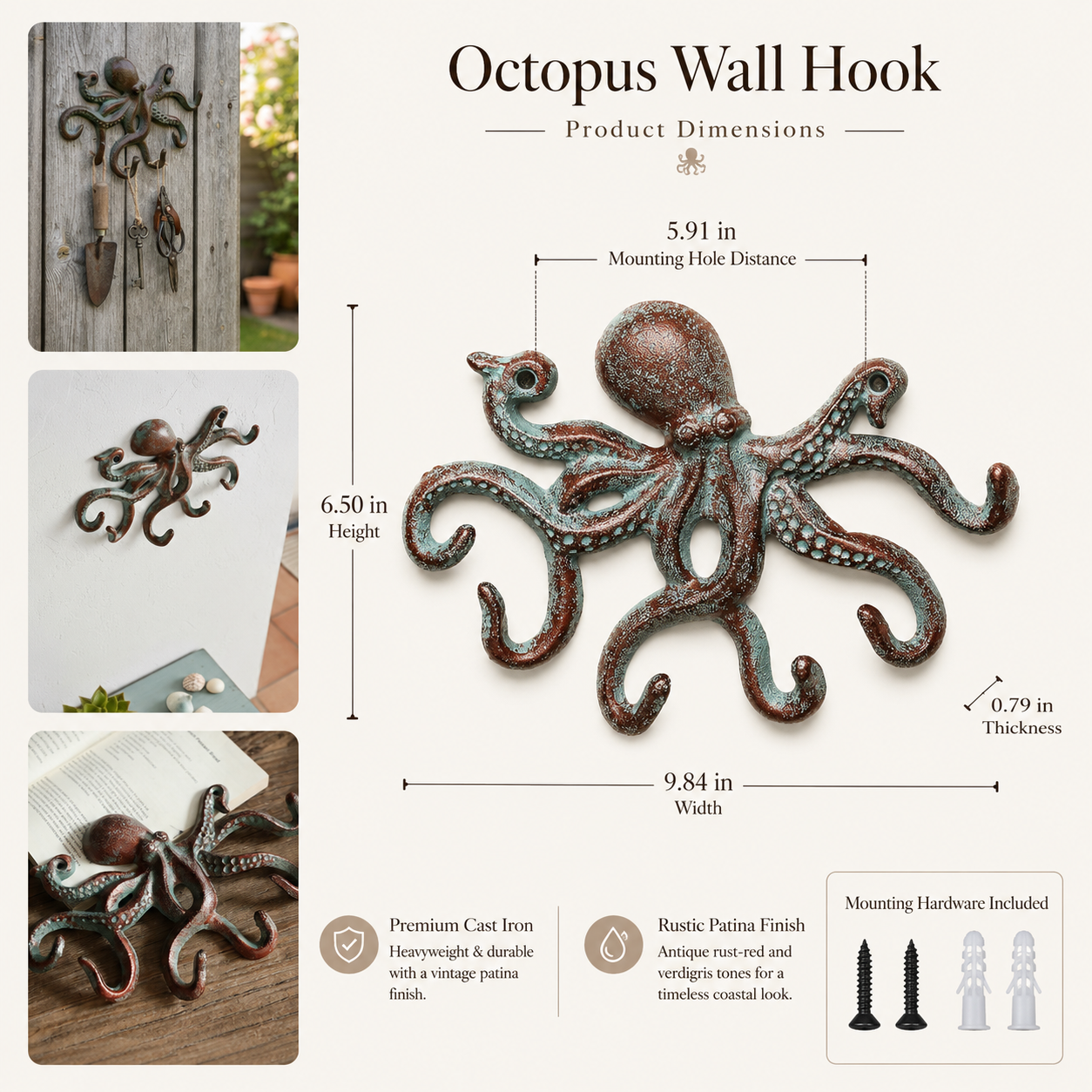Vintage Octopus Wall Hook – Rustic Coastal Storage for Keys, Tools & Everyday Essentials