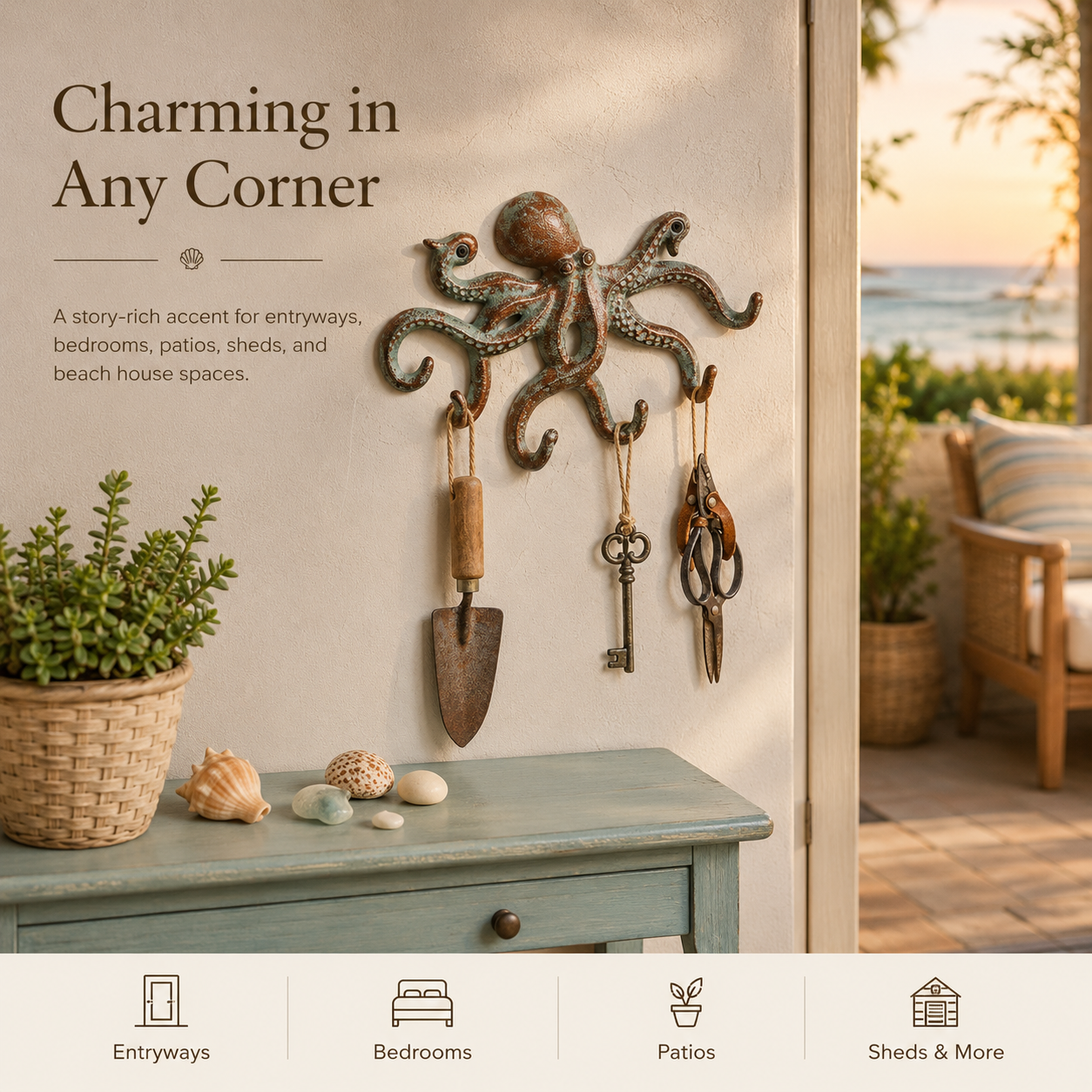 Vintage Octopus Wall Hook – Rustic Coastal Storage for Keys, Tools & Everyday Essentials