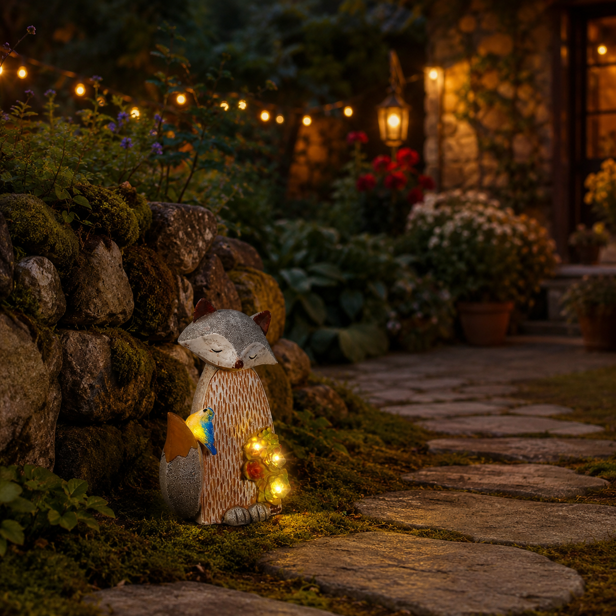 Lighted Woodland Fox Garden Statue – Hand-Painted Porch & Patio Accent