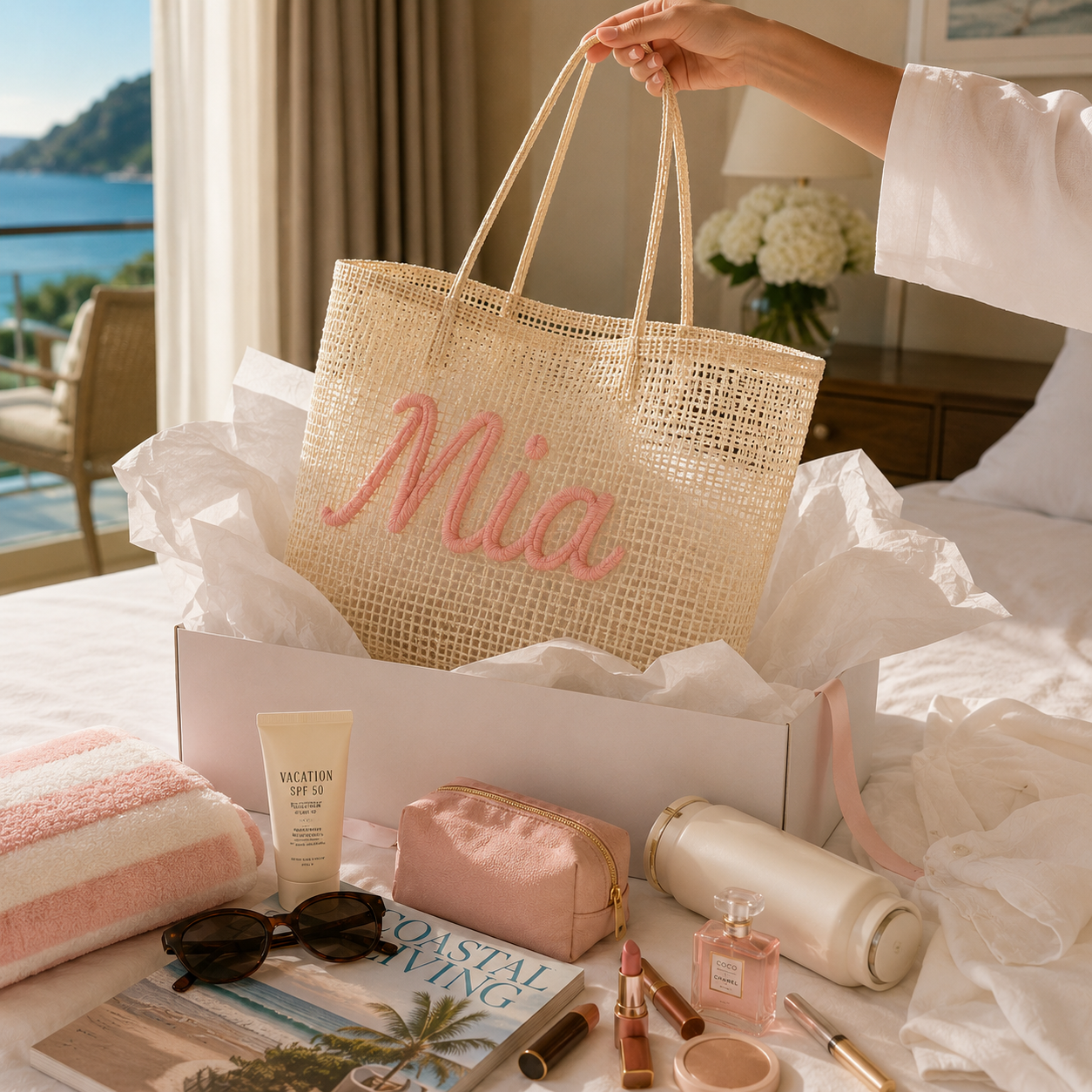 Personalized Woven Mesh Beach Tote Bag with Custom Name Embroidery