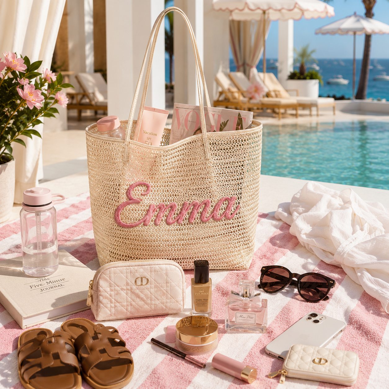 Personalized Woven Mesh Beach Tote Bag with Custom Name Embroidery