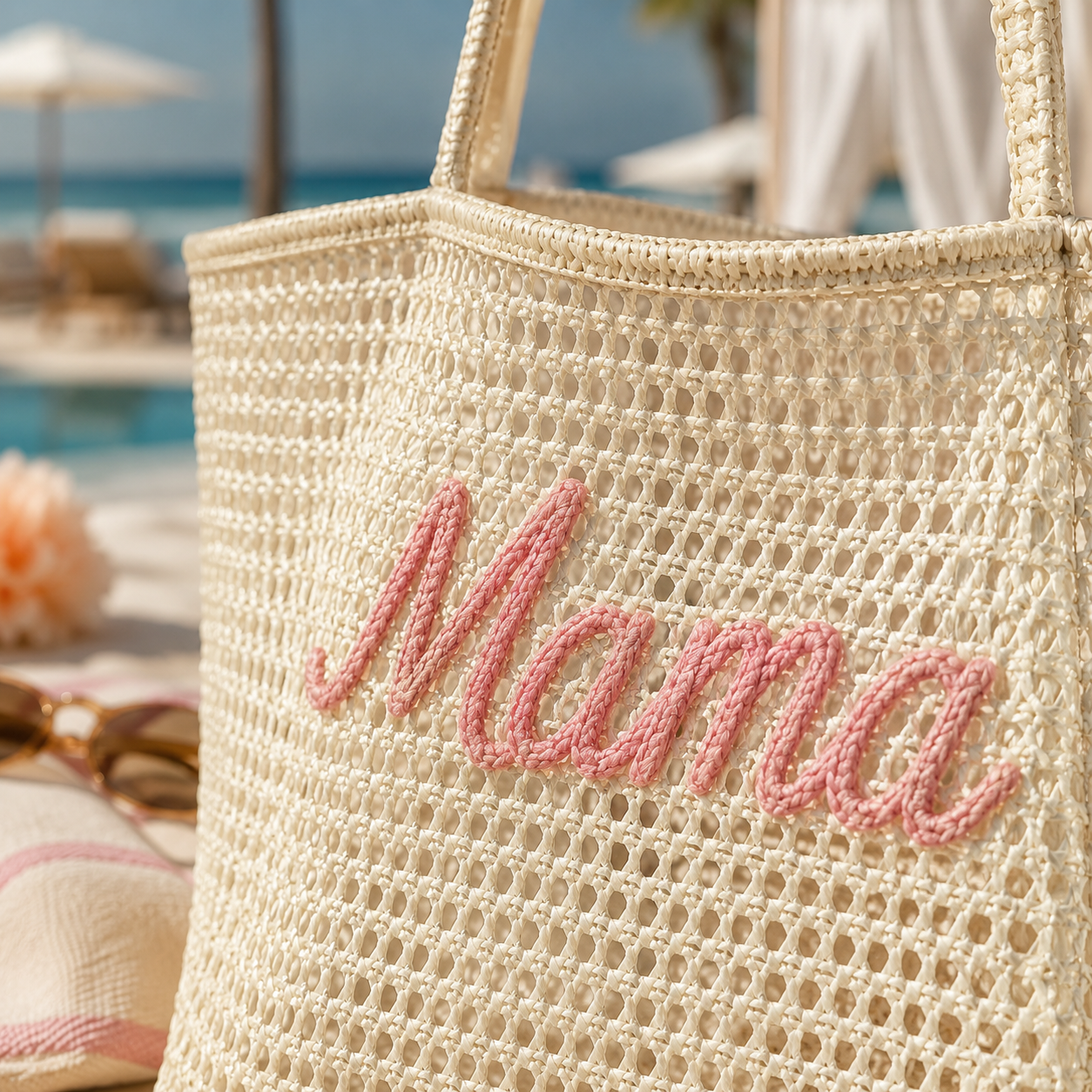 Personalized Woven Mesh Beach Tote Bag with Custom Name Embroidery