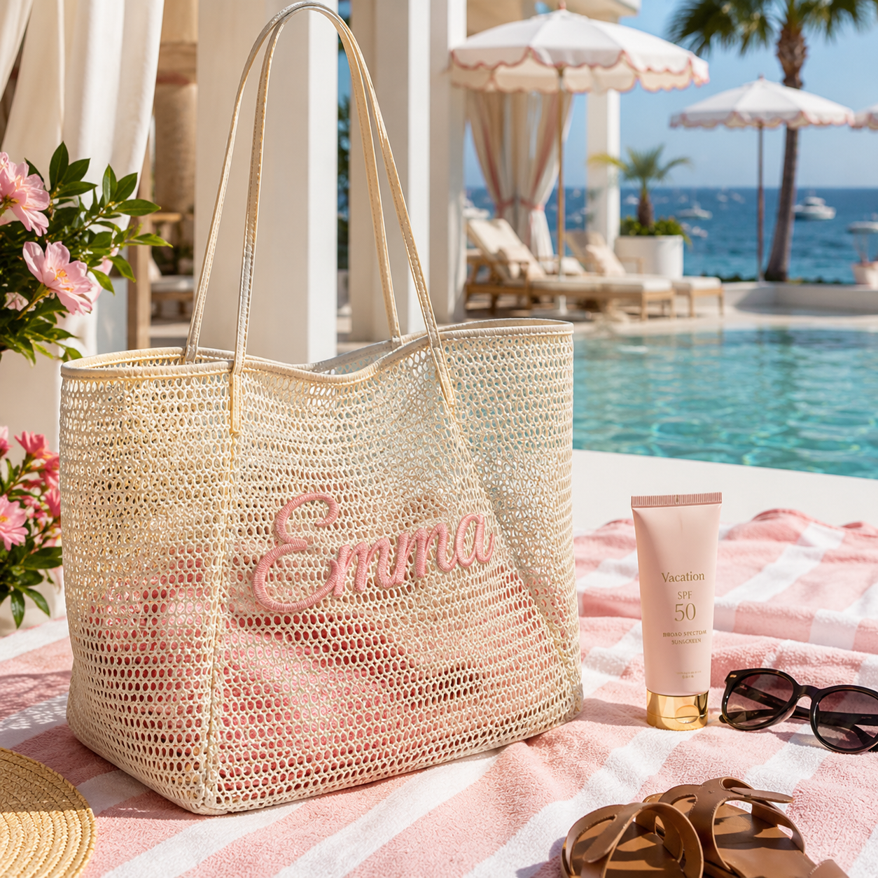 Personalized Woven Mesh Beach Tote Bag with Custom Name Embroidery