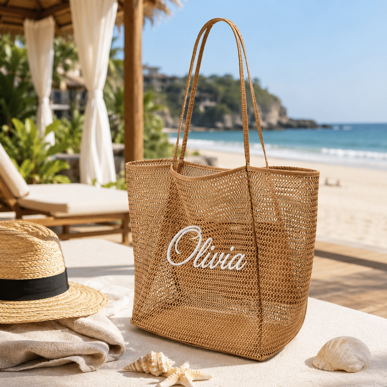Personalized Woven Mesh Beach Tote Bag with Custom Name Embroidery