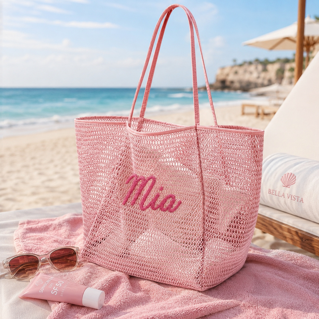 Personalized Woven Mesh Beach Tote Bag with Custom Name Embroidery