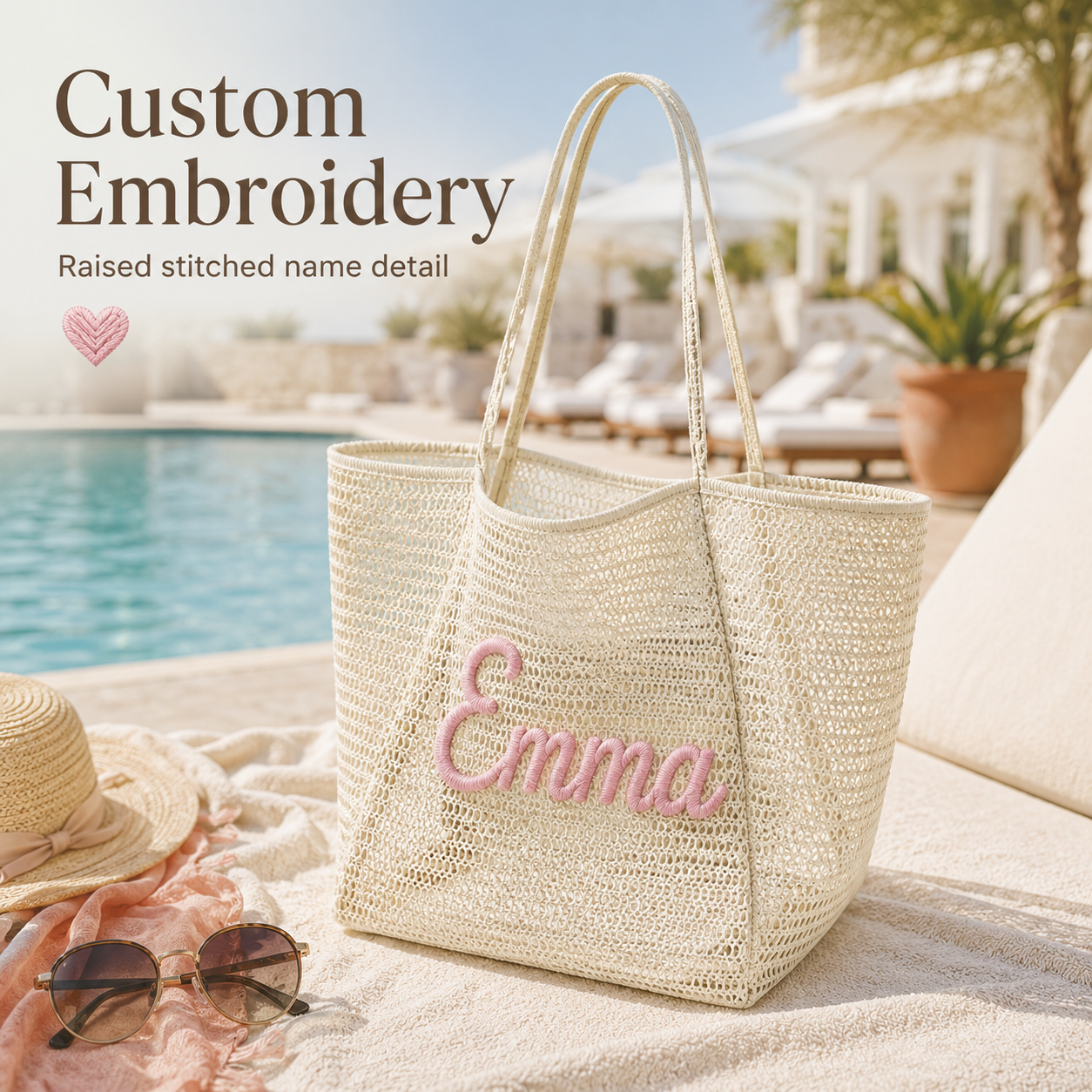 Personalized Woven Mesh Beach Tote Bag with Custom Name Embroidery