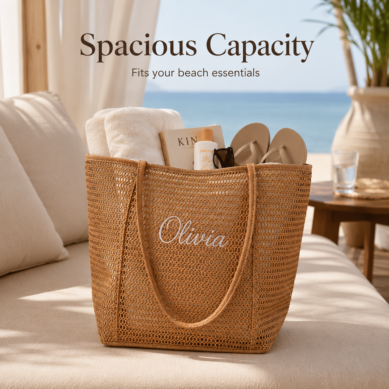 Personalized Woven Mesh Beach Tote Bag with Custom Name Embroidery