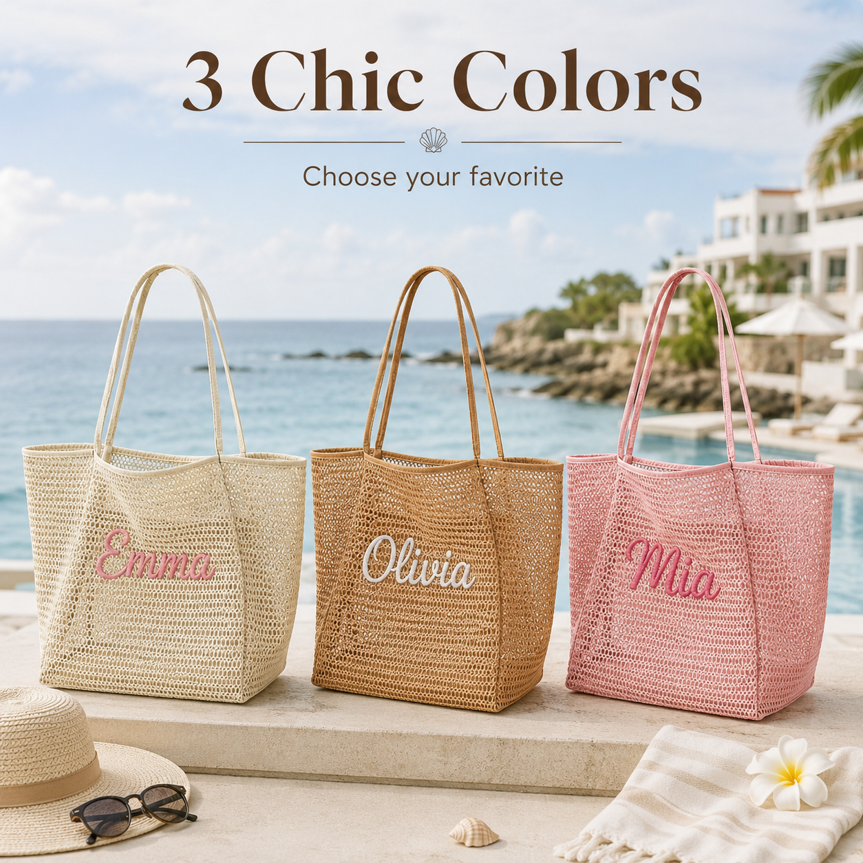 Personalized Woven Mesh Beach Tote Bag with Custom Name Embroidery