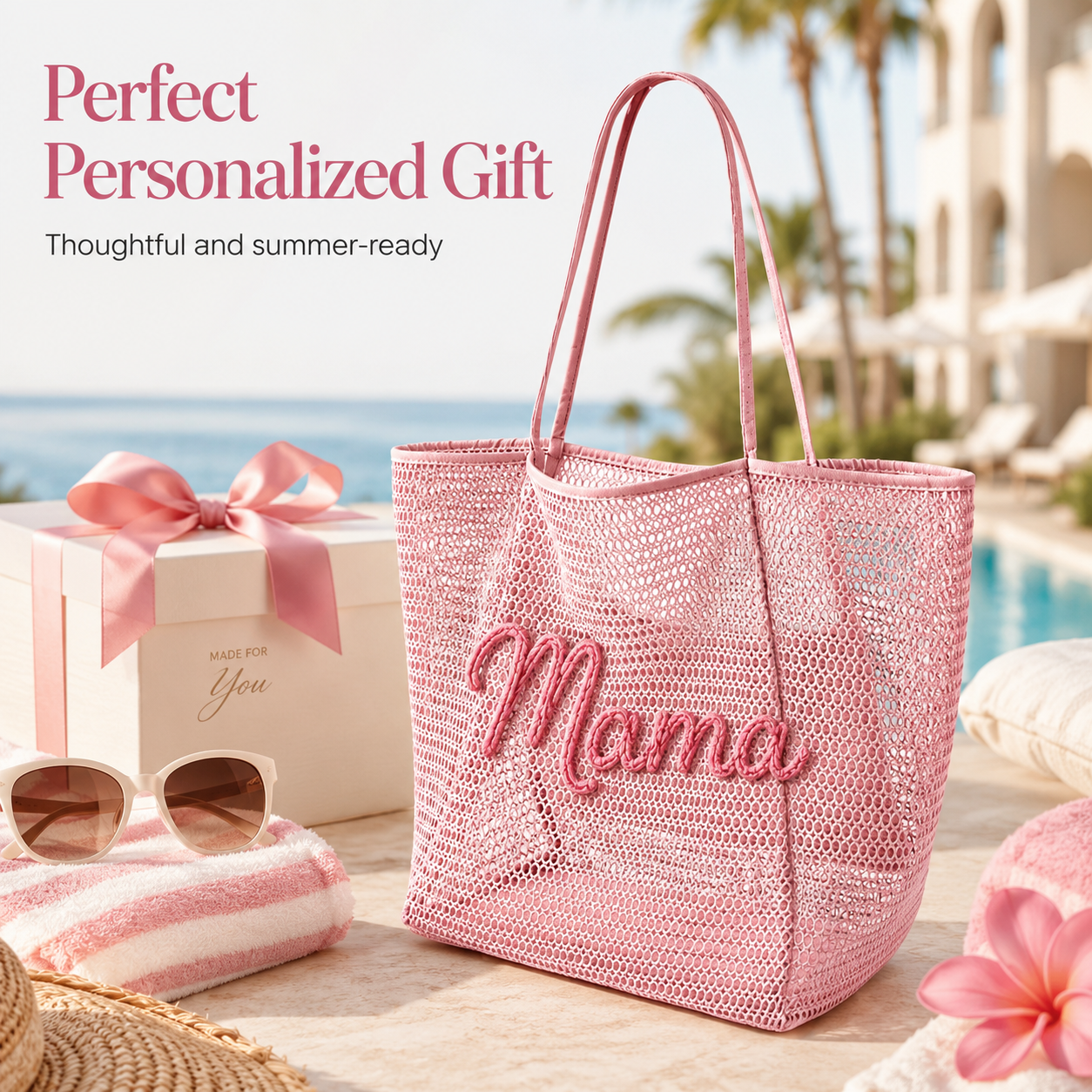 Personalized Woven Mesh Beach Tote Bag with Custom Name Embroidery