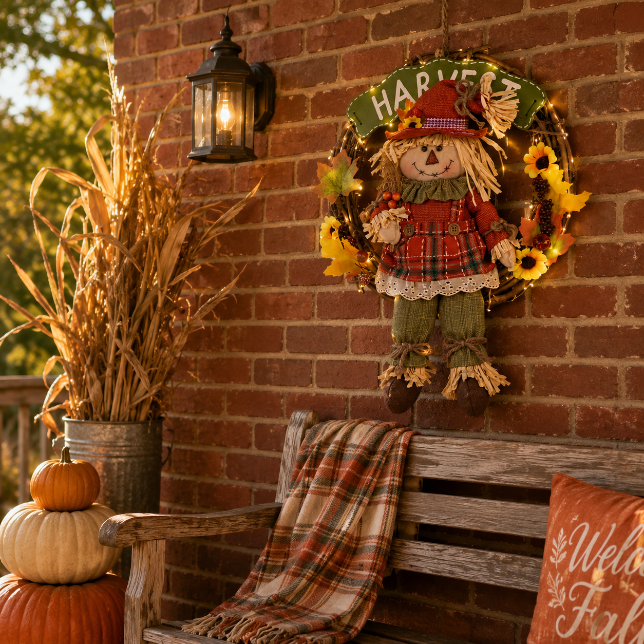 Lighted Fall Scarecrow Wreath with Remote & Timer – Harvest Front Door Decor