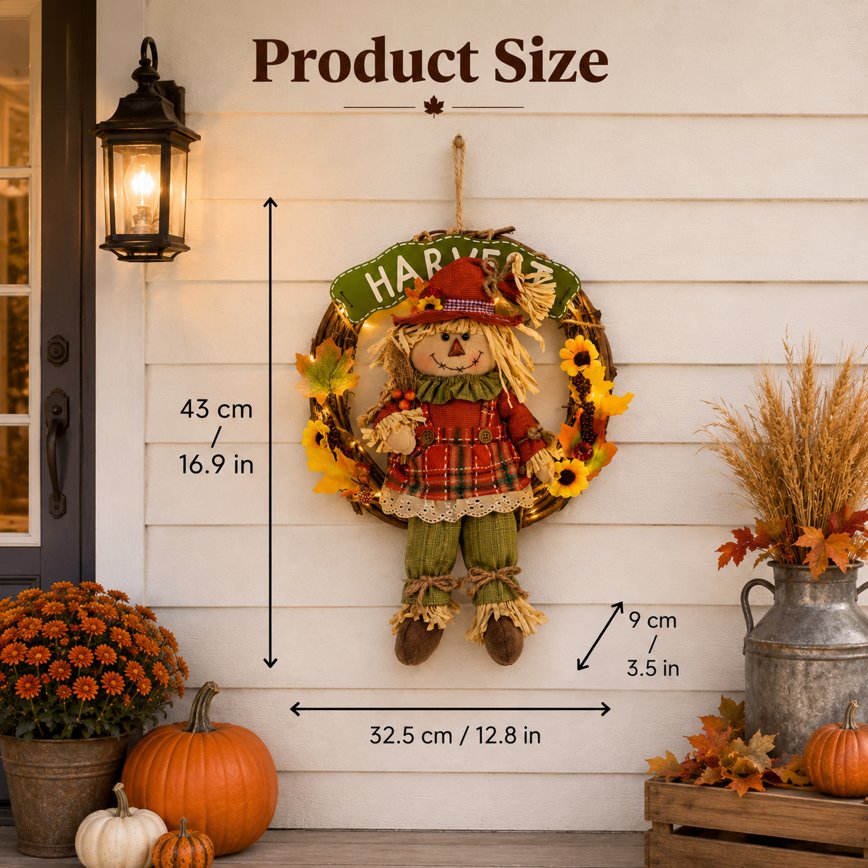 Lighted Fall Scarecrow Wreath with Remote & Timer – Harvest Front Door Decor