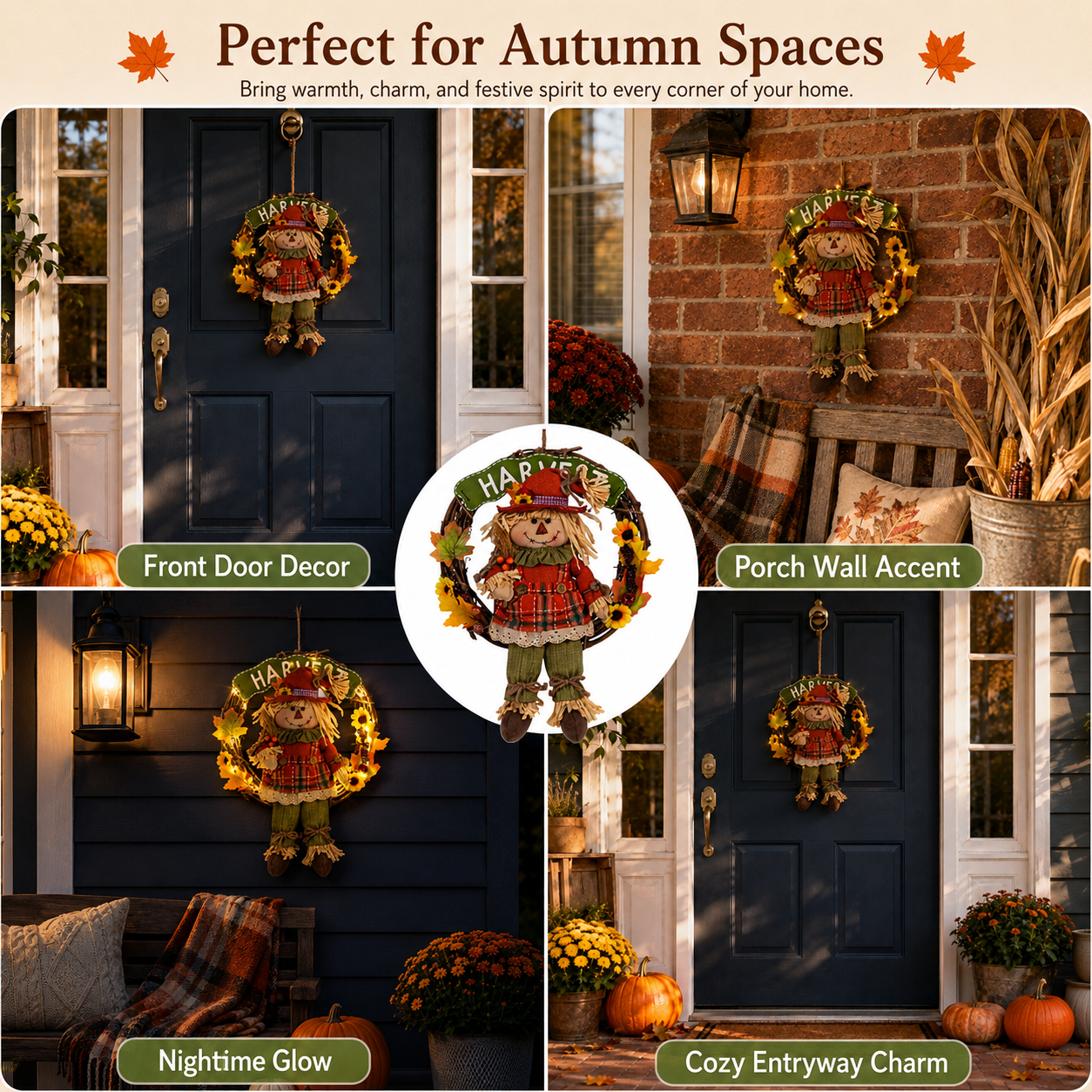 Lighted Fall Scarecrow Wreath with Remote & Timer – Harvest Front Door Decor