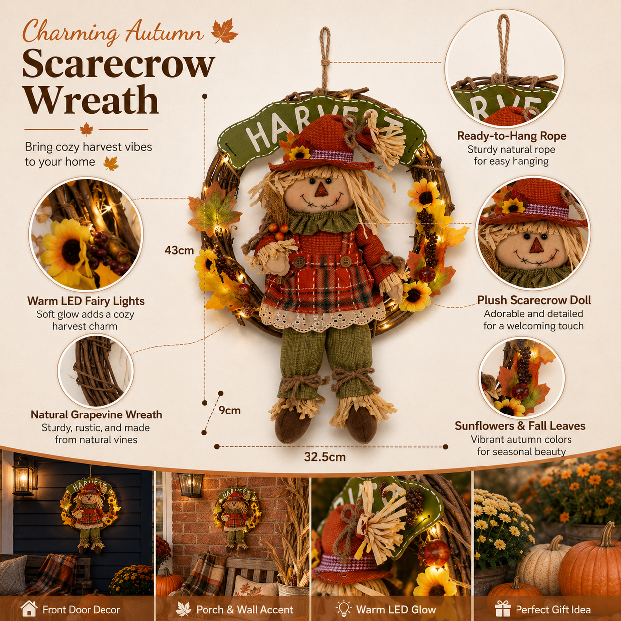 Lighted Fall Scarecrow Wreath with Remote & Timer – Harvest Front Door Decor