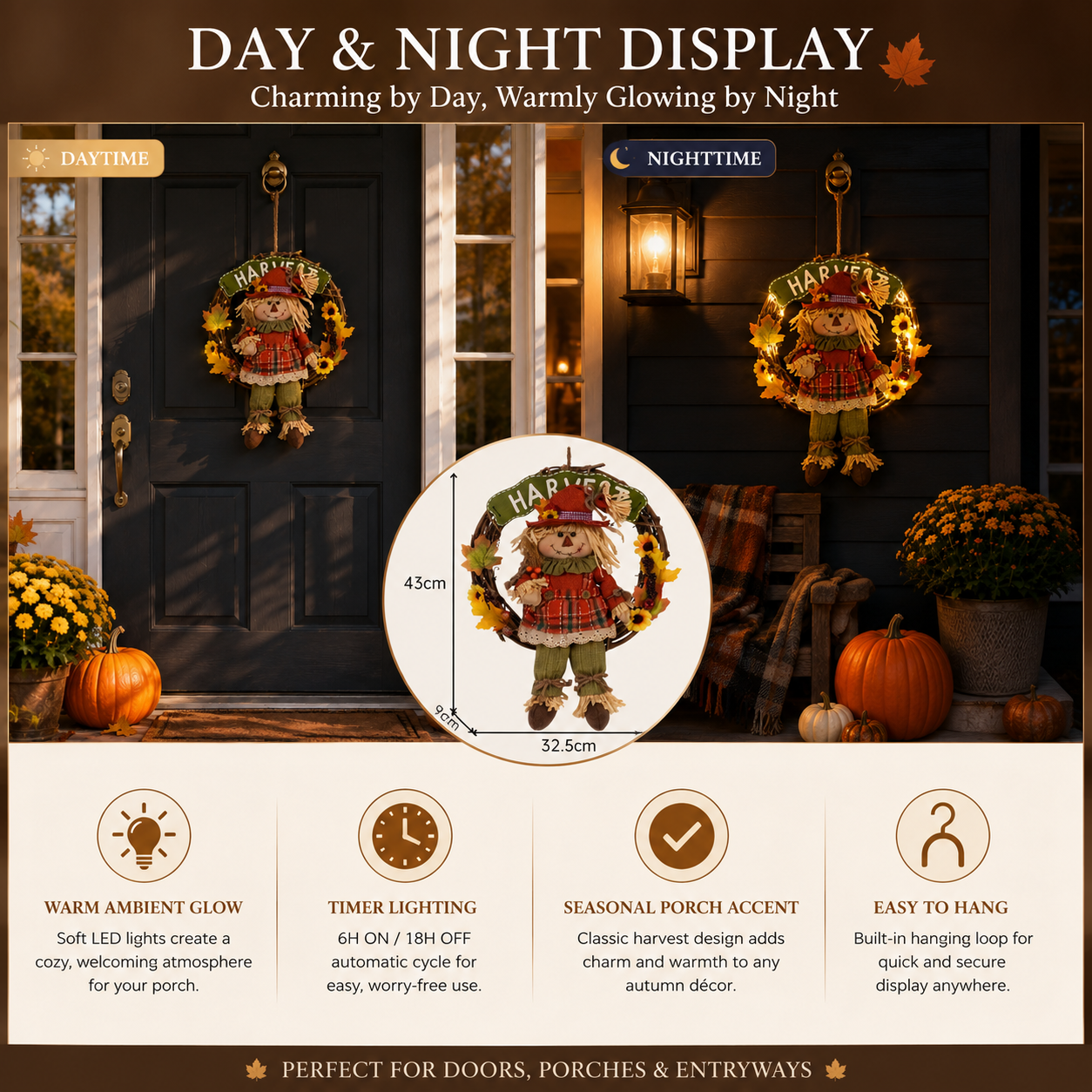 Lighted Fall Scarecrow Wreath with Remote & Timer – Harvest Front Door Decor