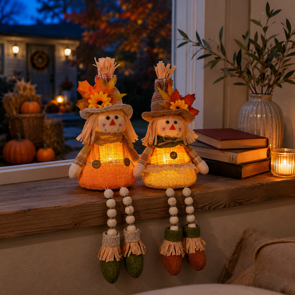 Cozy Harvest Scarecrow Shelf Sitter Pair – Battery-Operated Fall Accent Dolls