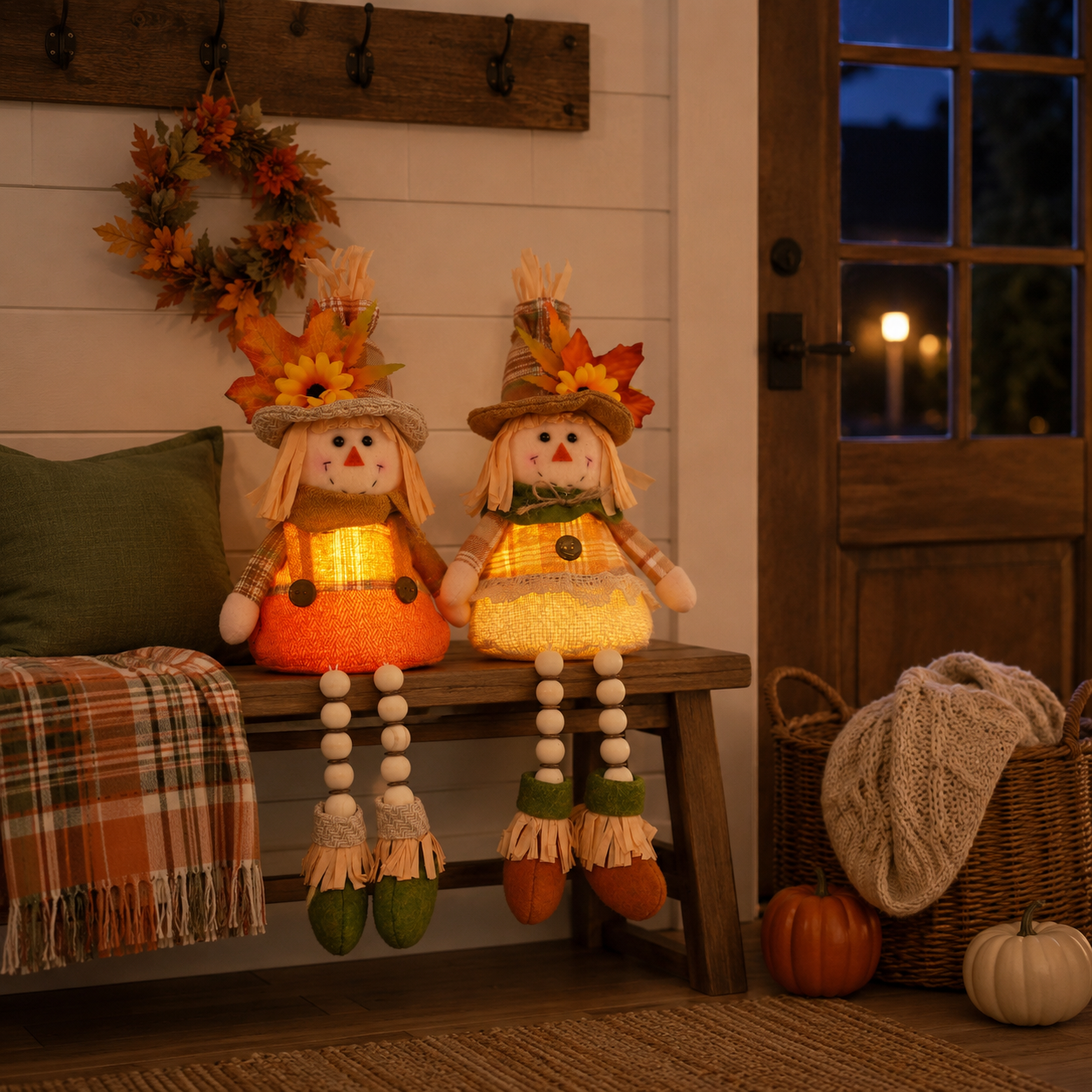 Cozy Harvest Scarecrow Shelf Sitter Pair – Battery-Operated Fall Accent Dolls