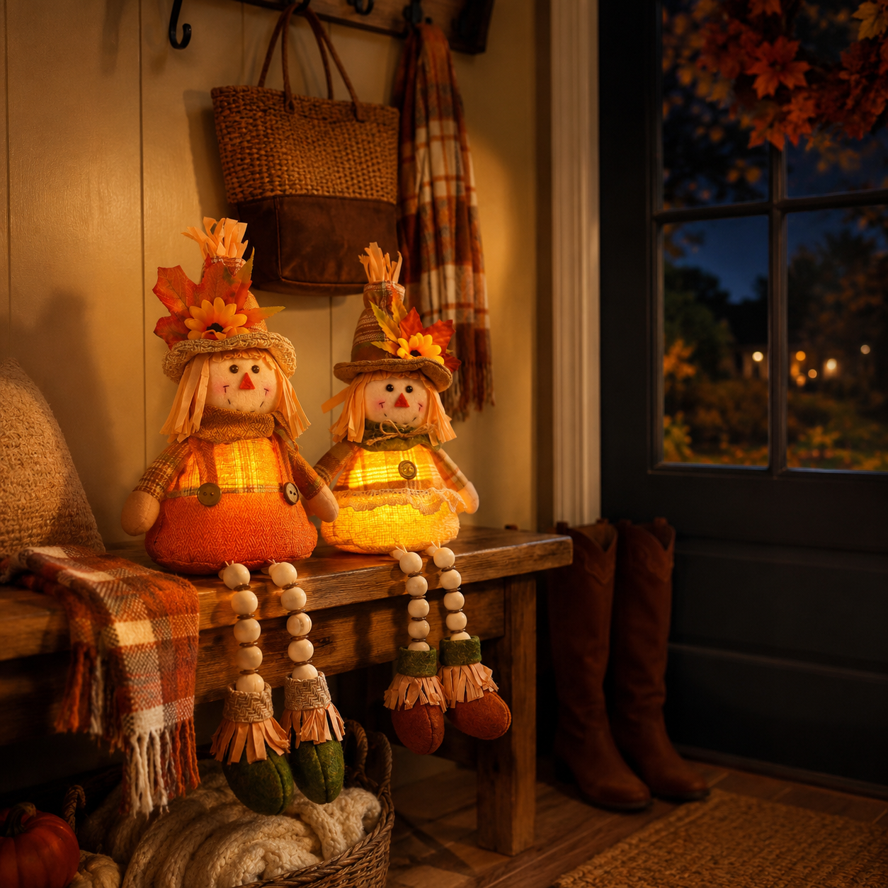 Cozy Harvest Scarecrow Shelf Sitter Pair – Battery-Operated Fall Accent Dolls
