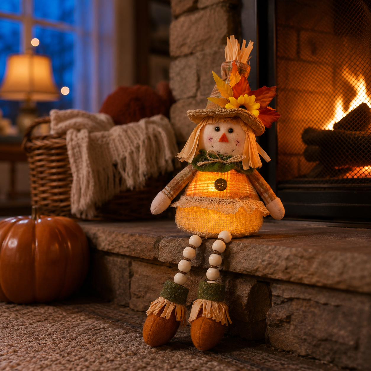 Cozy Harvest Scarecrow Shelf Sitter Pair – Battery-Operated Fall Accent Dolls