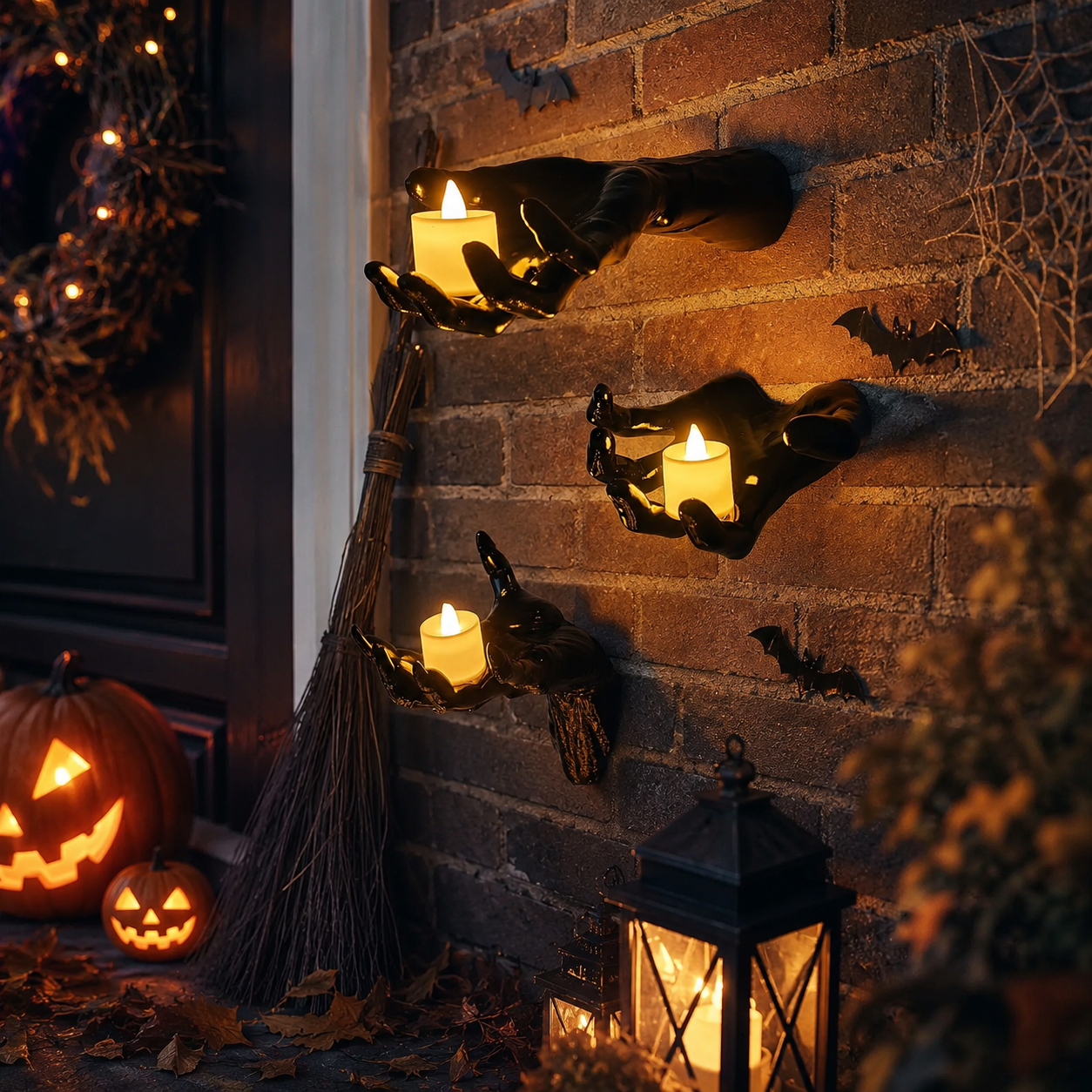 3-Piece Gothic Hand Wall Sconce Set with Flameless LED Candles – Halloween Wall Decor