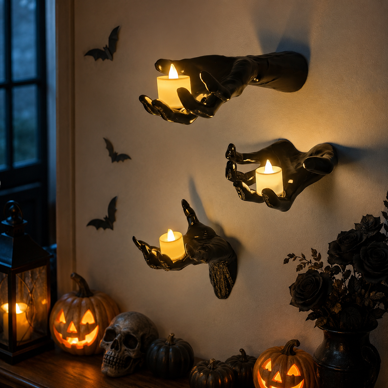 3-Piece Gothic Hand Wall Sconce Set with Flameless LED Candles – Halloween Wall Decor