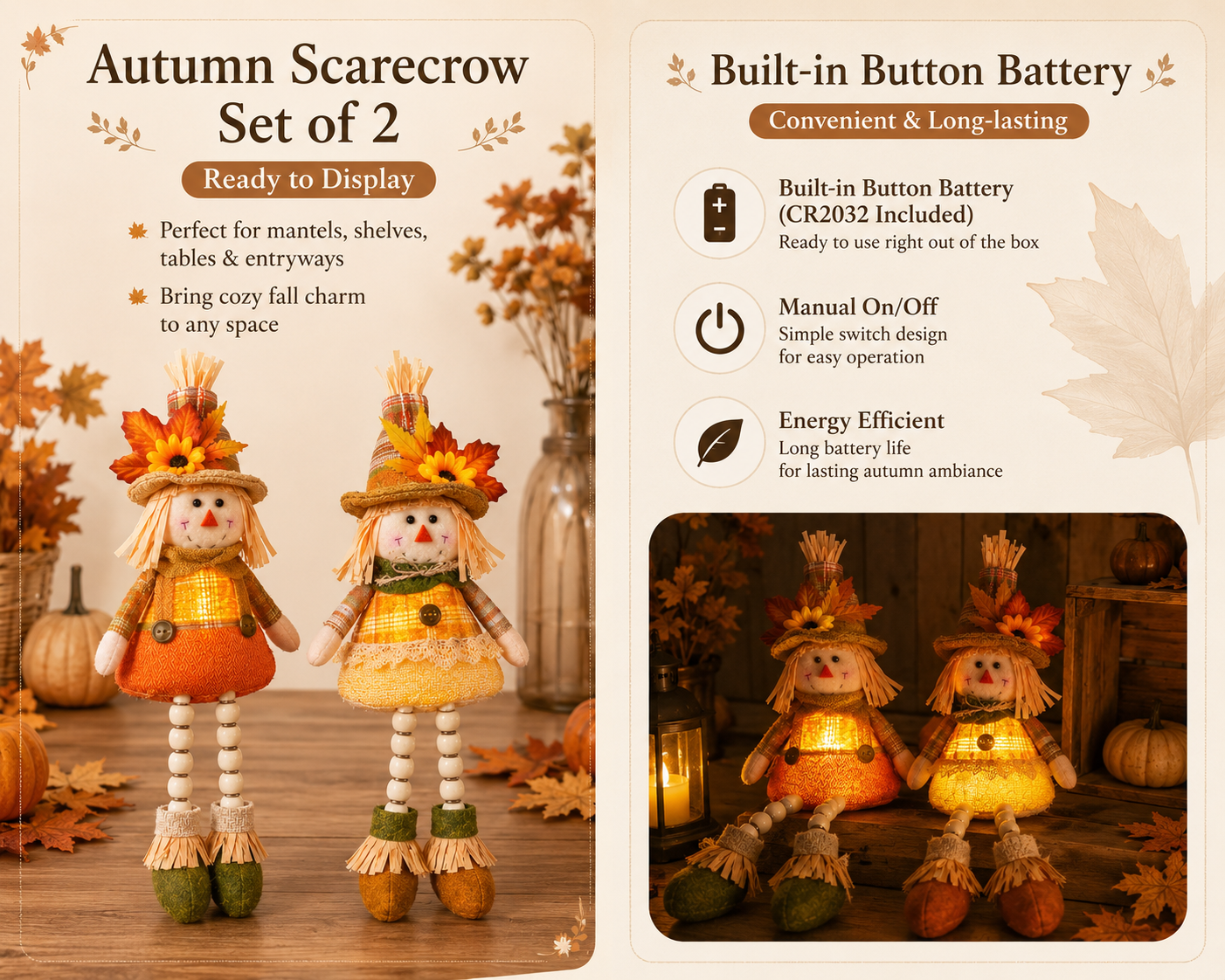 Cozy Harvest Scarecrow Shelf Sitter Pair – Battery-Operated Fall Accent Dolls