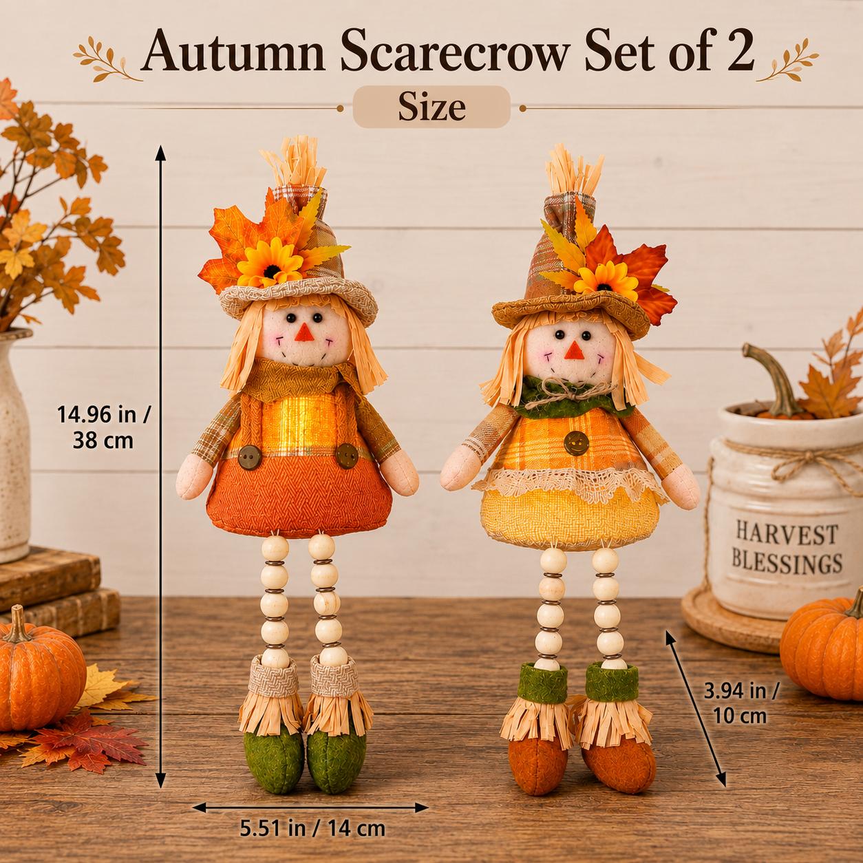Cozy Harvest Scarecrow Shelf Sitter Pair – Battery-Operated Fall Accent Dolls