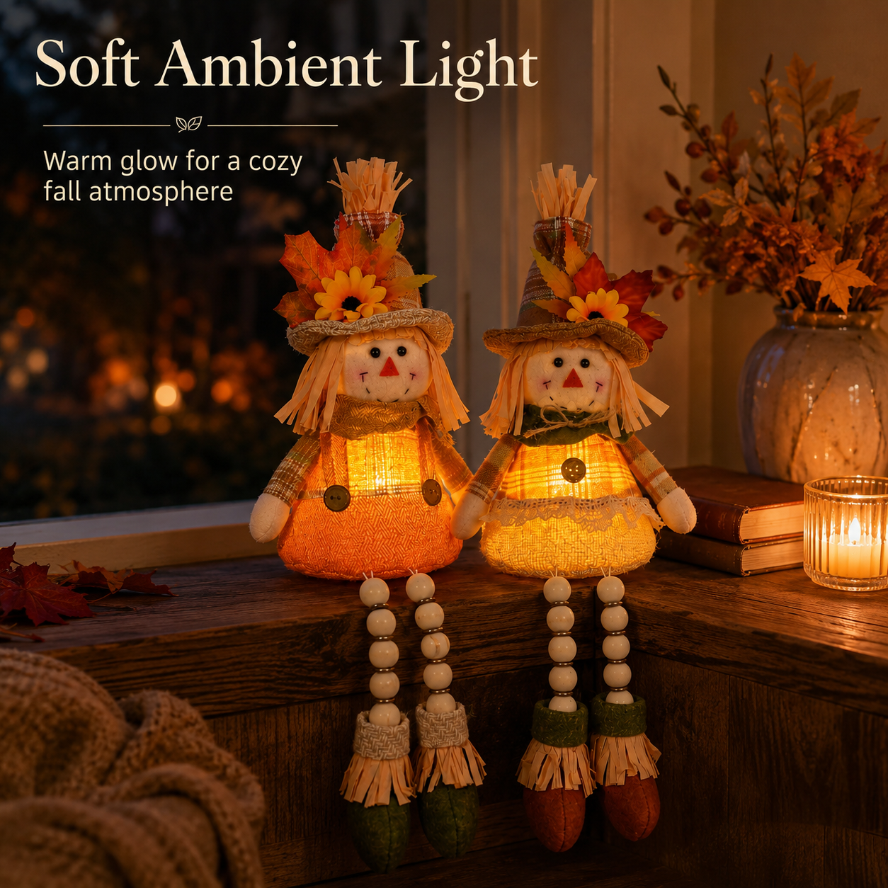 Cozy Harvest Scarecrow Shelf Sitter Pair – Battery-Operated Fall Accent Dolls