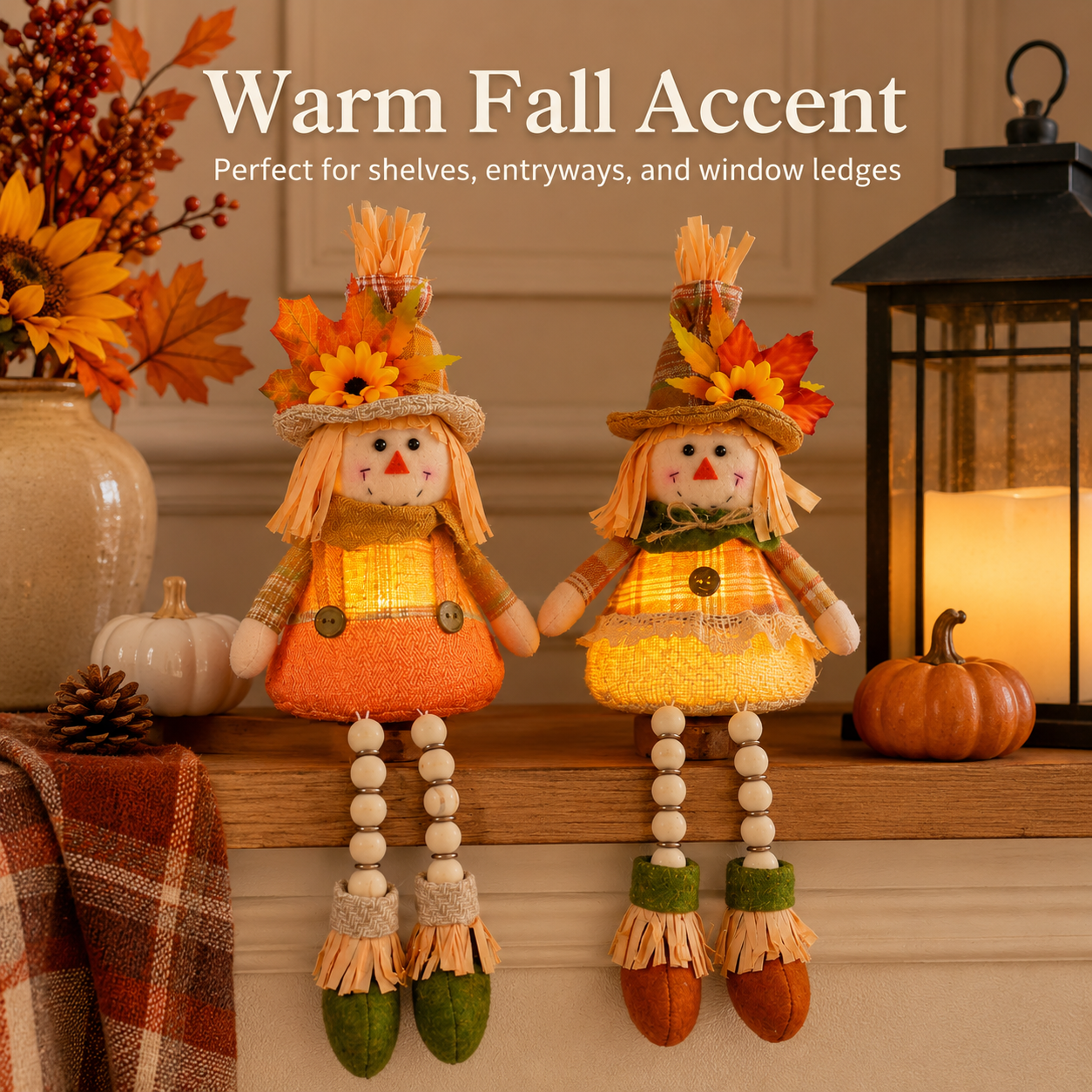Cozy Harvest Scarecrow Shelf Sitter Pair – Battery-Operated Fall Accent Dolls