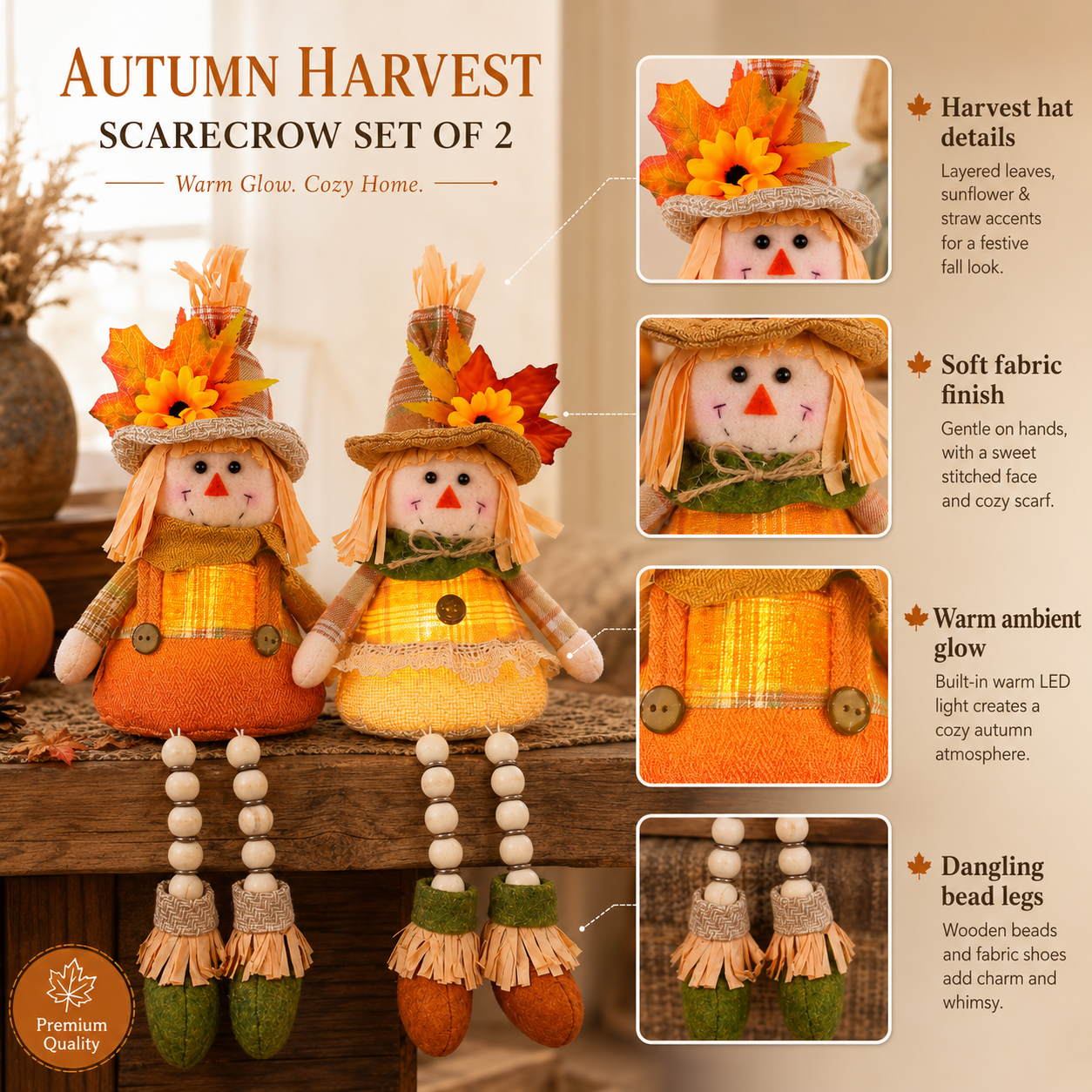 Cozy Harvest Scarecrow Shelf Sitter Pair – Battery-Operated Fall Accent Dolls