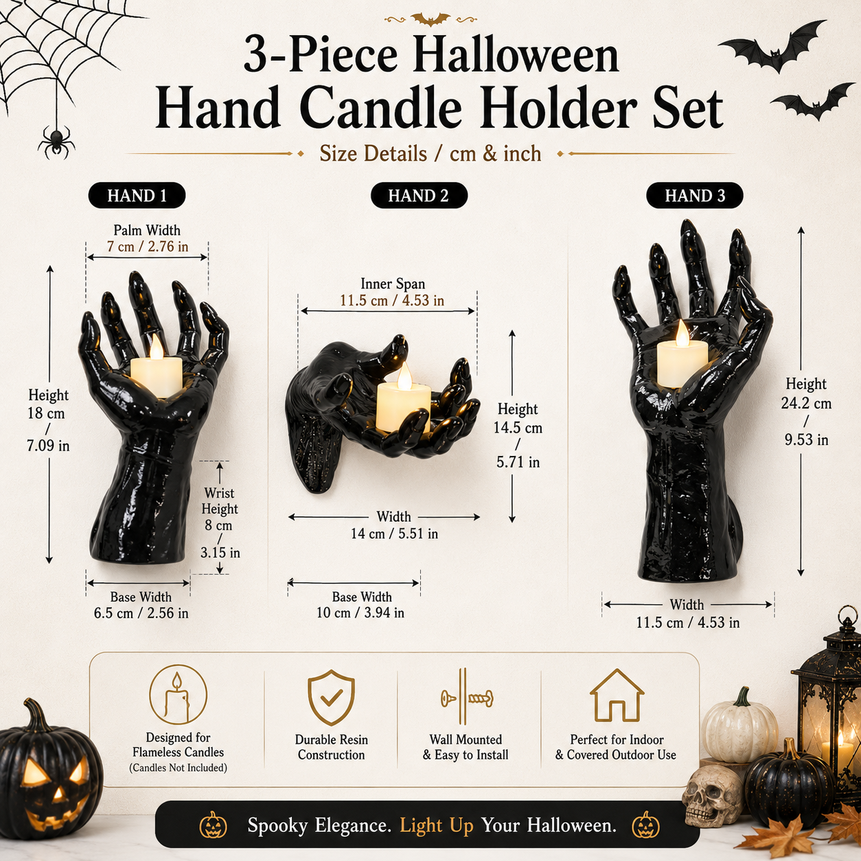 3-Piece Gothic Hand Wall Sconce Set with Flameless LED Candles – Halloween Wall Decor