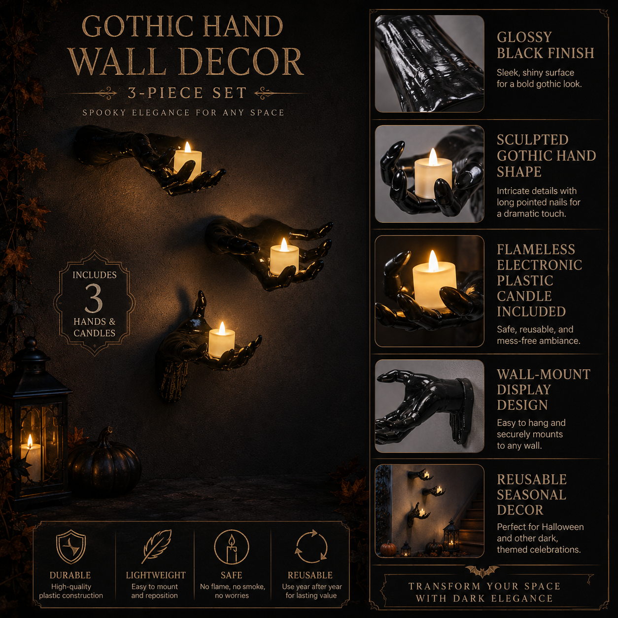 3-Piece Gothic Hand Wall Sconce Set with Flameless LED Candles – Halloween Wall Decor