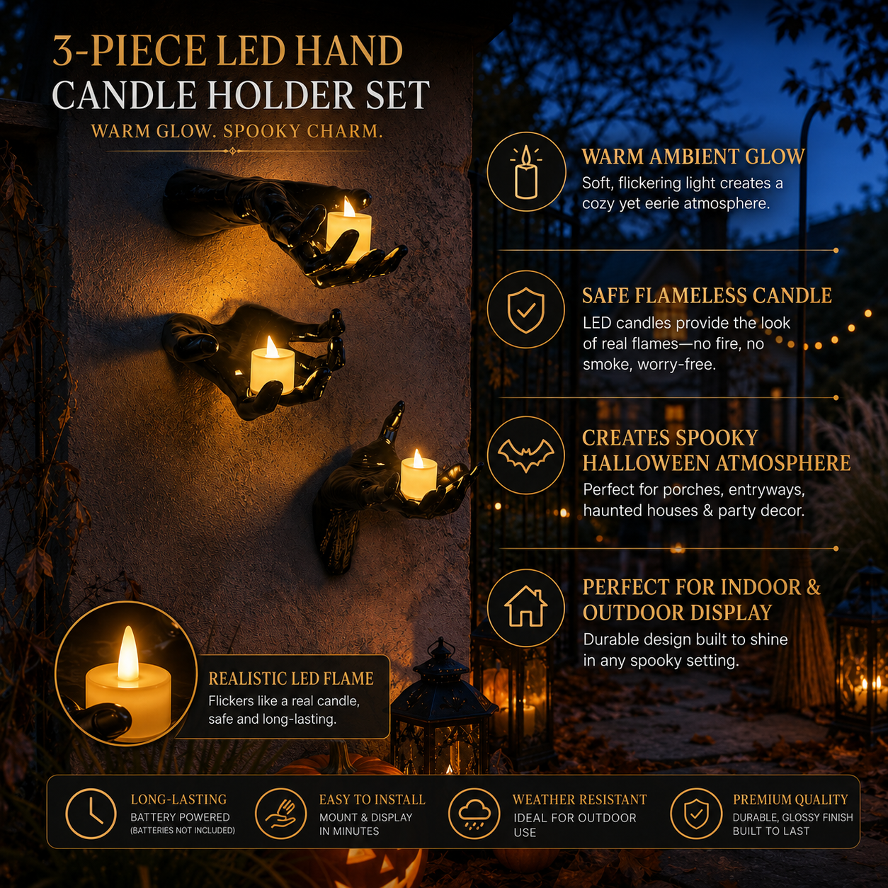 3-Piece Gothic Hand Wall Sconce Set with Flameless LED Candles – Halloween Wall Decor