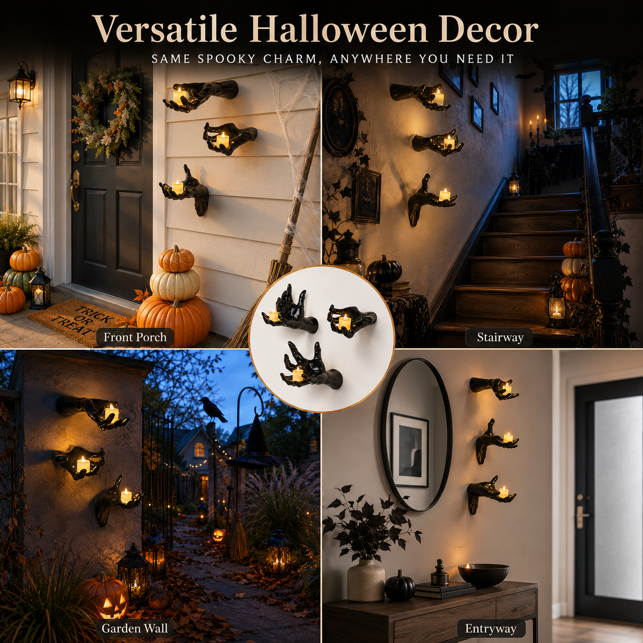 3-Piece Gothic Hand Wall Sconce Set with Flameless LED Candles – Halloween Wall Decor