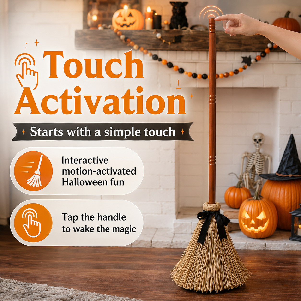 Animated Self-Moving Witch Broom with Lights & Spooky Sounds