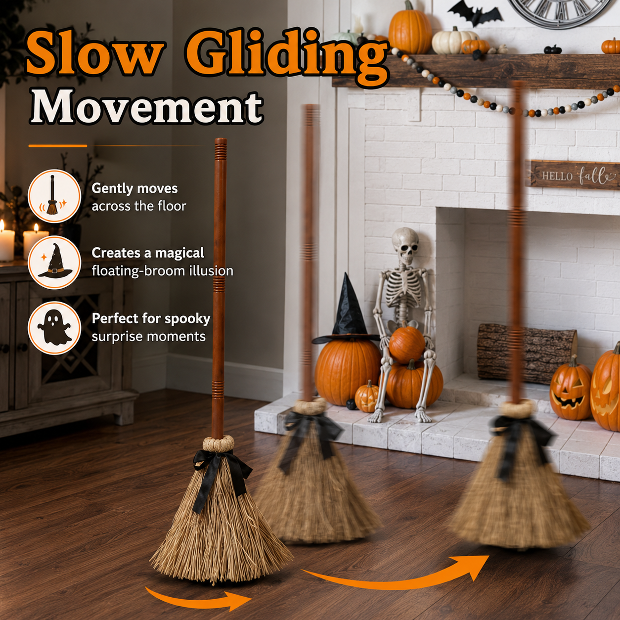Animated Self-Moving Witch Broom with Lights & Spooky Sounds