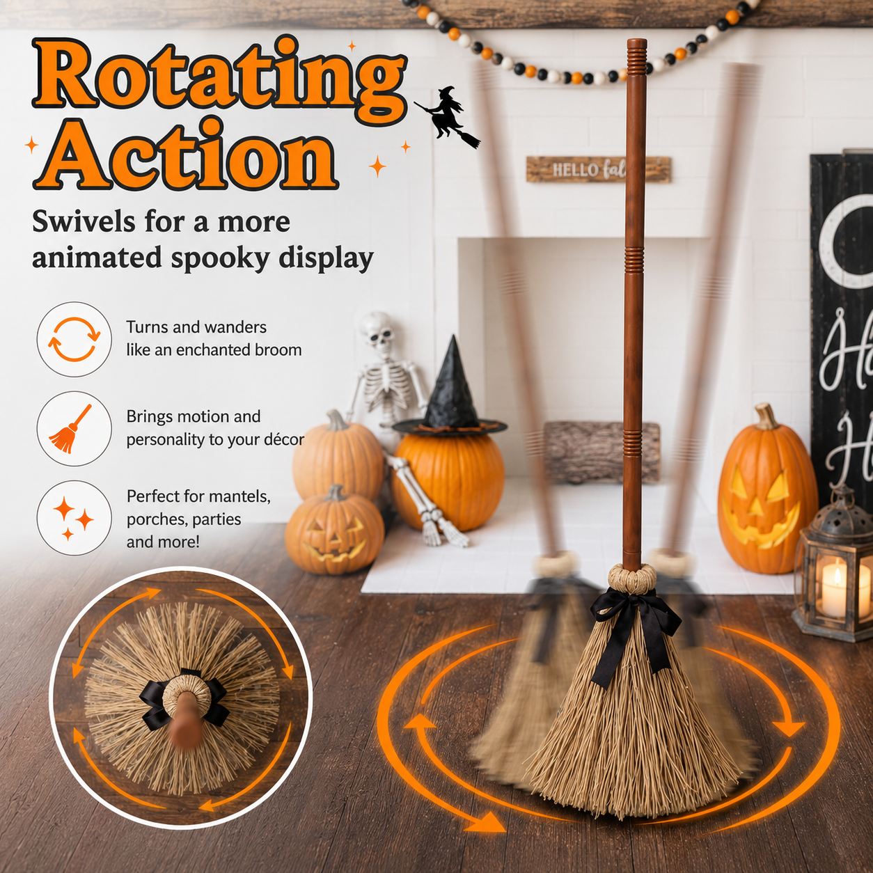 Animated Self-Moving Witch Broom with Lights & Spooky Sounds